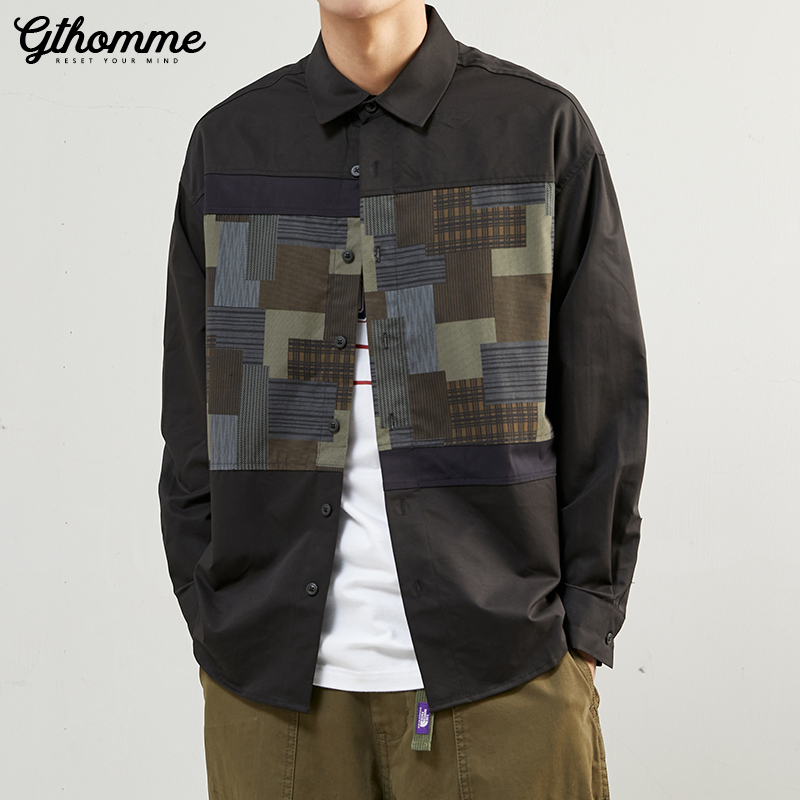 拼接百搭韩版潮流潮黑色男士衬衫