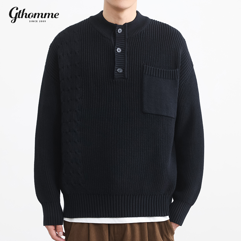 亨利领毛衣男宽松黑色线衣