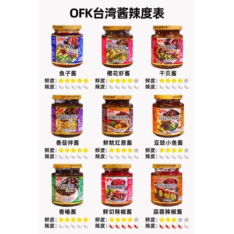 台湾OFK香菇拌饭香椿酱干贝蒜蓉辣椒豆豉小鱼干虾酱红葱鱼子酱料