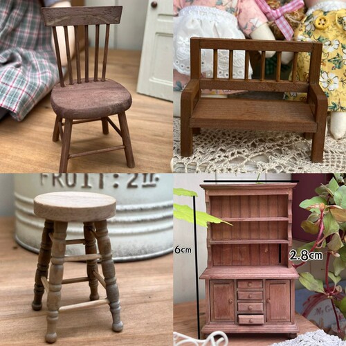 微缩椅子实木娃娃屋迷你中古椅子单人椅双人椅园艺杂货复古玩具椅