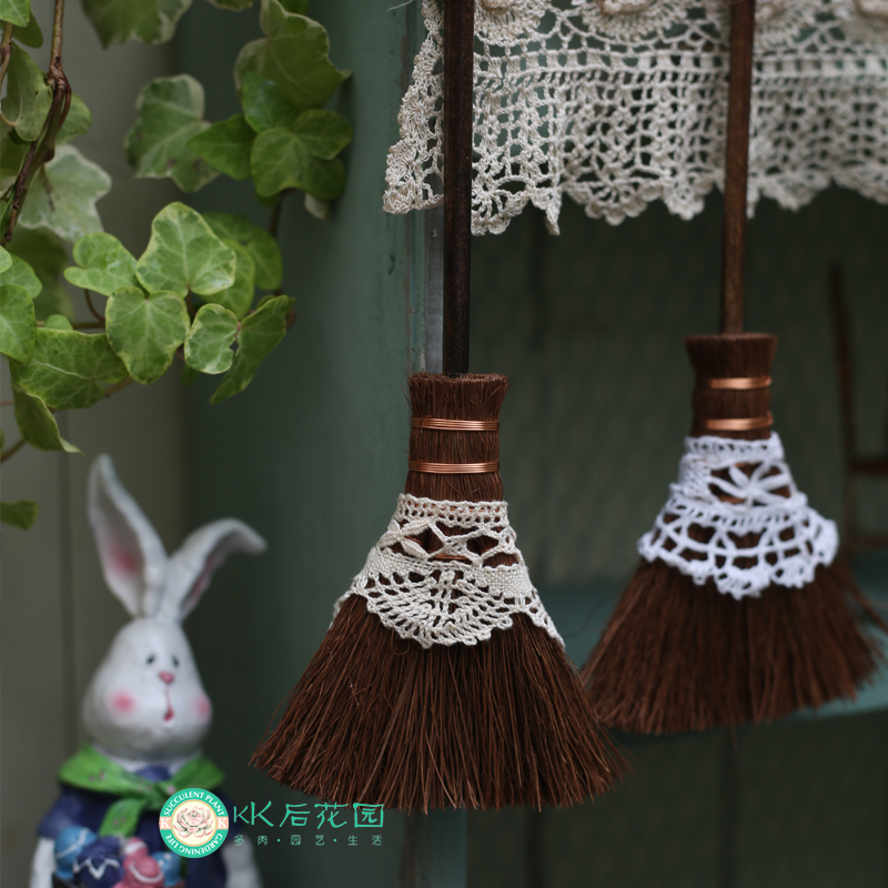 迷你天然棕毛刷小扫把挂饰摆件加古董蕾丝园艺杂货可爱扫帚桌面刷