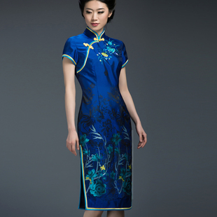 秋装款短袖中长款低领绣花改良旗袍修身复古宴会礼服精致女装L342