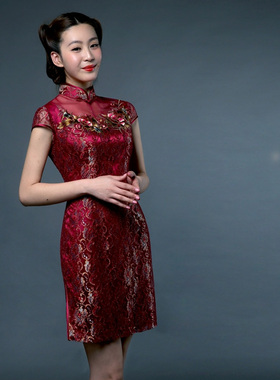隆唐新款其他蕾丝低开衩复古短袖改良民族风刺绣修身短旗袍L286