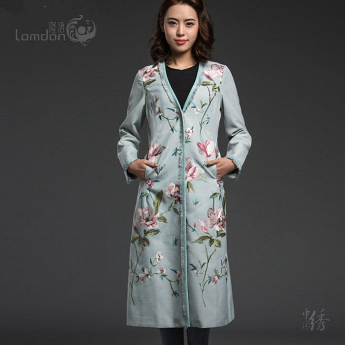 原创设计女新款风衣外套长款修身中式民族风显瘦V领刺绣百搭M303