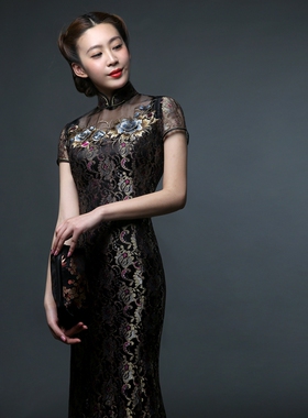 紫色新款隆唐圆襟秋民族风刺绣长款改良旗袍晚装宴会修身礼服L285