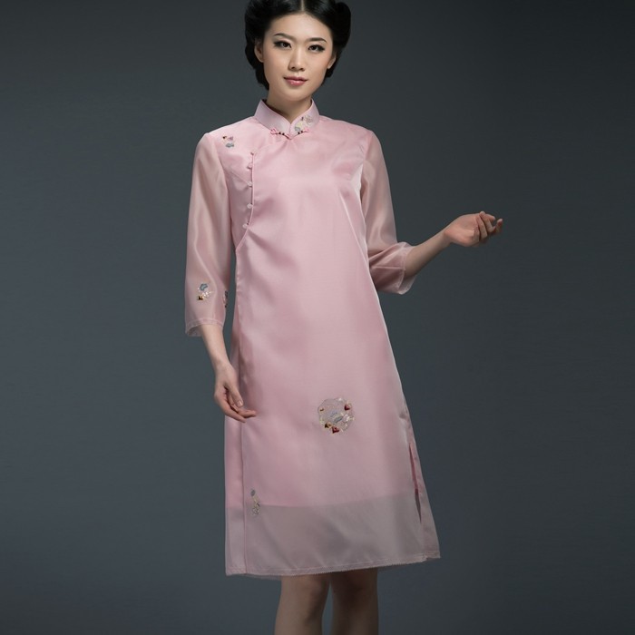 隆唐新款立领中长款连衣裙绣花真丝绡复古宽松日常气质女装L332