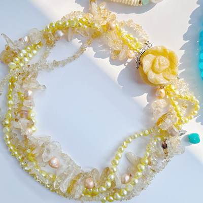 原创 天然巴洛克珍珠黄水晶碎石多层扭扭项链颈链ins个性monies风