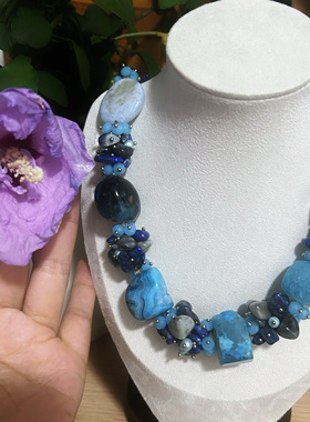 重工手工编织珍珠天然石青金石玛瑙项链中古欧美复古monies原石风