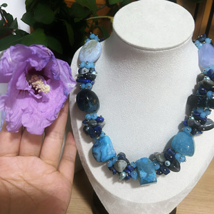 重工手工编织珍珠天然石青金石玛瑙项链中古欧美复古monies原石风