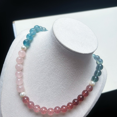 天然粉水晶草莓晶绿萤石珍珠多宝项链锁骨链 ins小众设计款