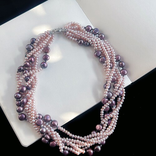 天然淡水珍珠多层叠戴扭扭项链毛衣链 曼塔玫瑰粉紫色 欧美复古