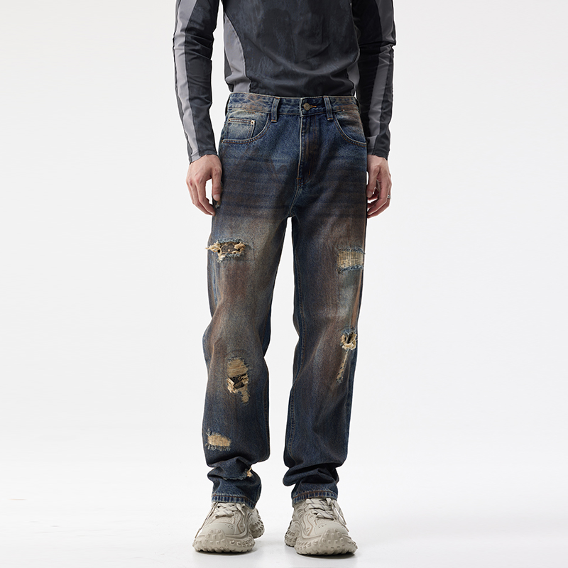美式复古破洞补丁牛仔裤