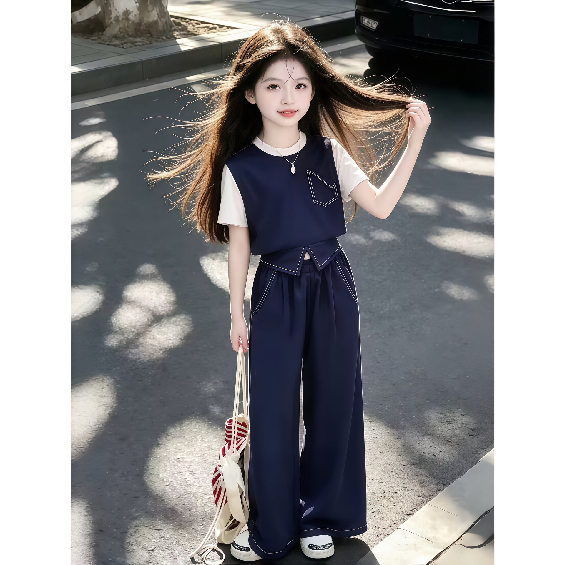 女童夏装长裤套装韩系学院风假两件上衣阔腿裤儿童洋气休闲两件套