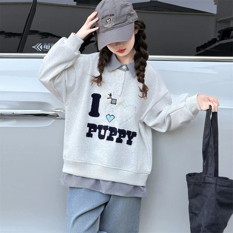 女童卫衣春秋款洋气儿童春装休闲打底衫假两件中大童学院风上衣