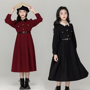 女童秋装连衣裙学院风小女孩休闲新款气质收腰长裙POLO领长袖裙子