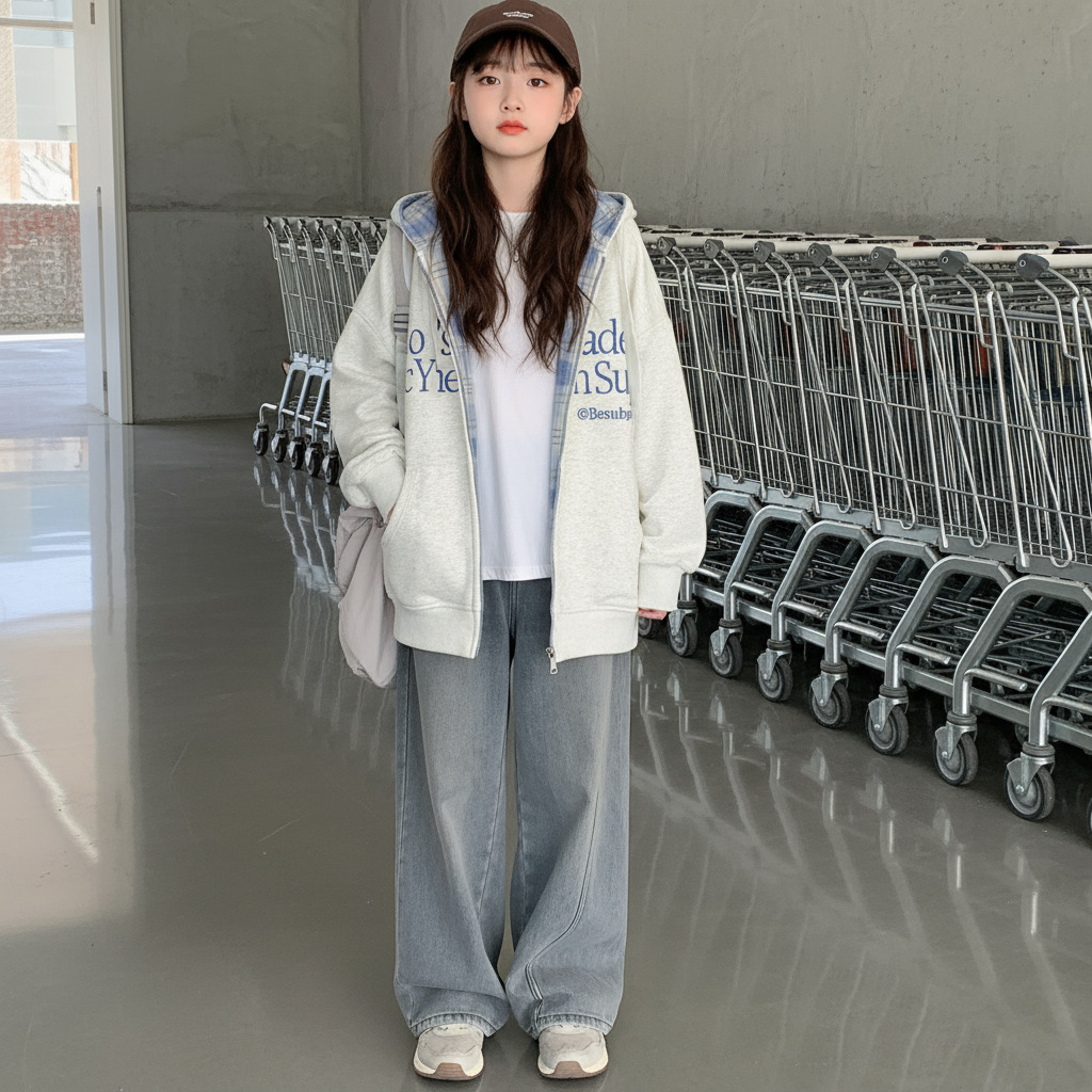 中大儿童卫衣外套春秋新款女童洋气学院风秋冬款连帽加绒加厚开衫