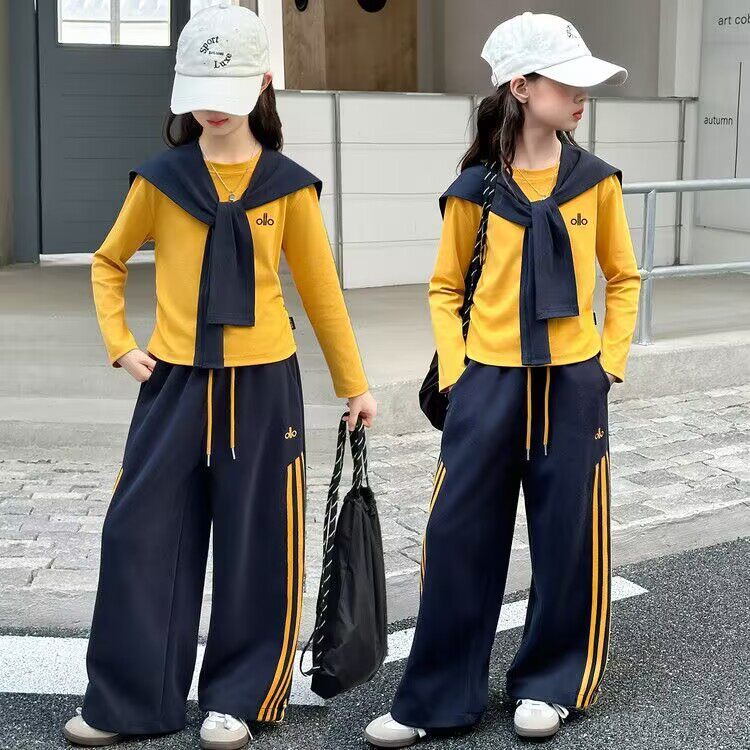 女童披肩T恤套装春秋新款中大童休闲运动长袖打底衫阔腿裤三件套