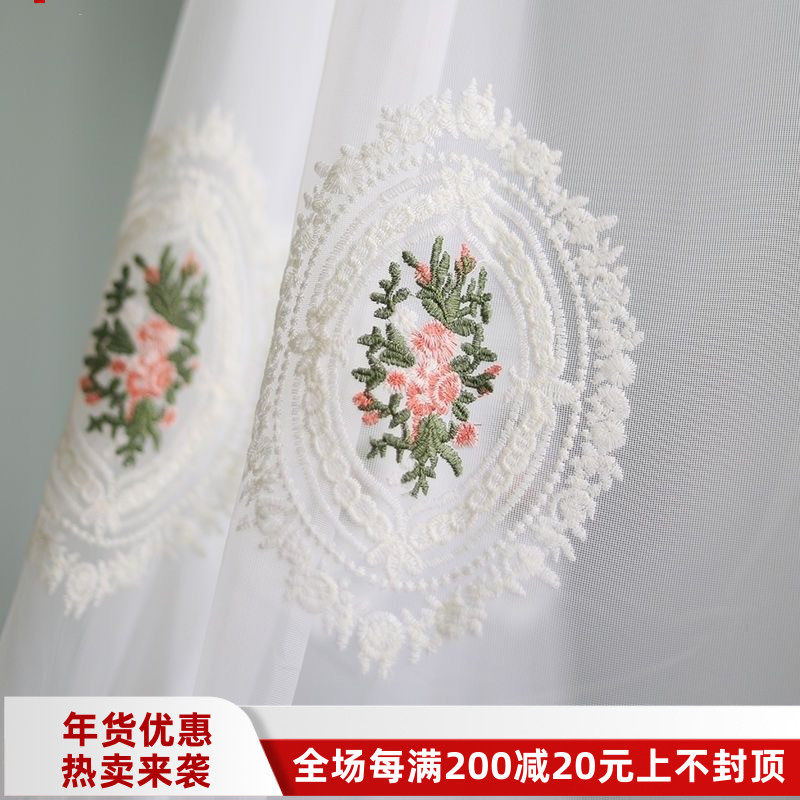 欧式风格刺绣隔断纱帘白色窗纱绣花客厅窗帘透光法式绣花纱窗帘
