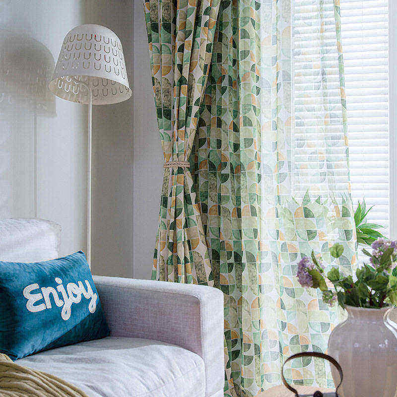 彩色半圆现代简约欧式窗帘涤棉印花窗帘窗纱客厅卧室高档环保布艺