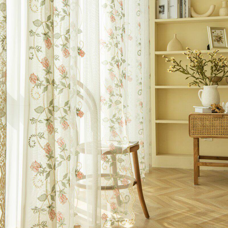 美式乡村刺绣高档玫瑰窗帘纱客厅阳台飘窗乡村田园窗纱绣花纱帘