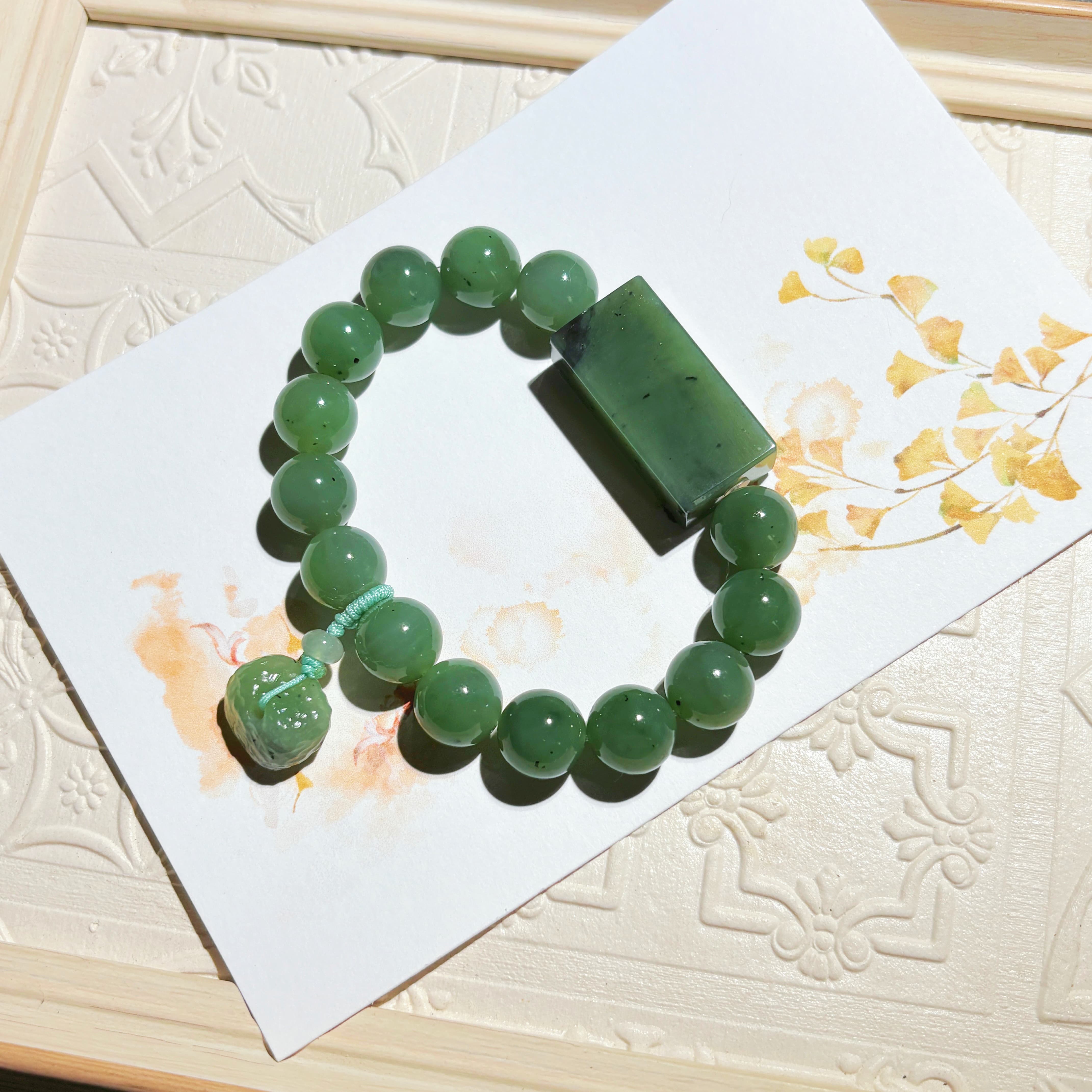 【原创流通】天然乌兰海碧玉微猫眼和田玉 无事牌 高端手串手链