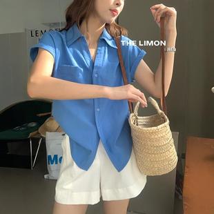 宽松独特棉麻翻领上衣 韩系蓝色高级感小飞袖 polo领短袖 衬衫 女夏季