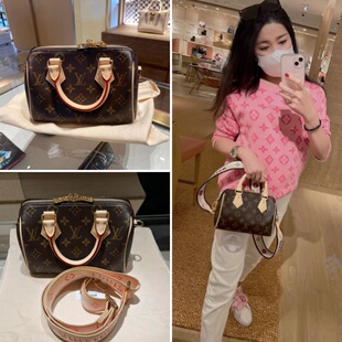 LV/女包新款老花Speedy 20枕头包刺绣logo肩带手提包单肩包斜挎包