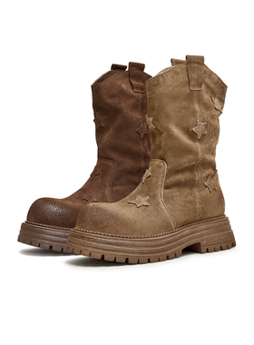 天美意旷野之息复古西部靴骑士靴女鞋厚底短靴2024冬新款KXZ06DS4