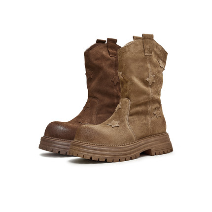 天美意旷野之息复古西部靴骑士靴女鞋厚底短靴2024冬新款KXZ06DS4