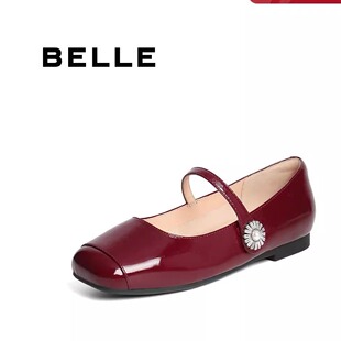 百丽女鞋子玛丽珍鞋女2025新款法式真皮平底婚鞋浅口单鞋D7P1DAQ5