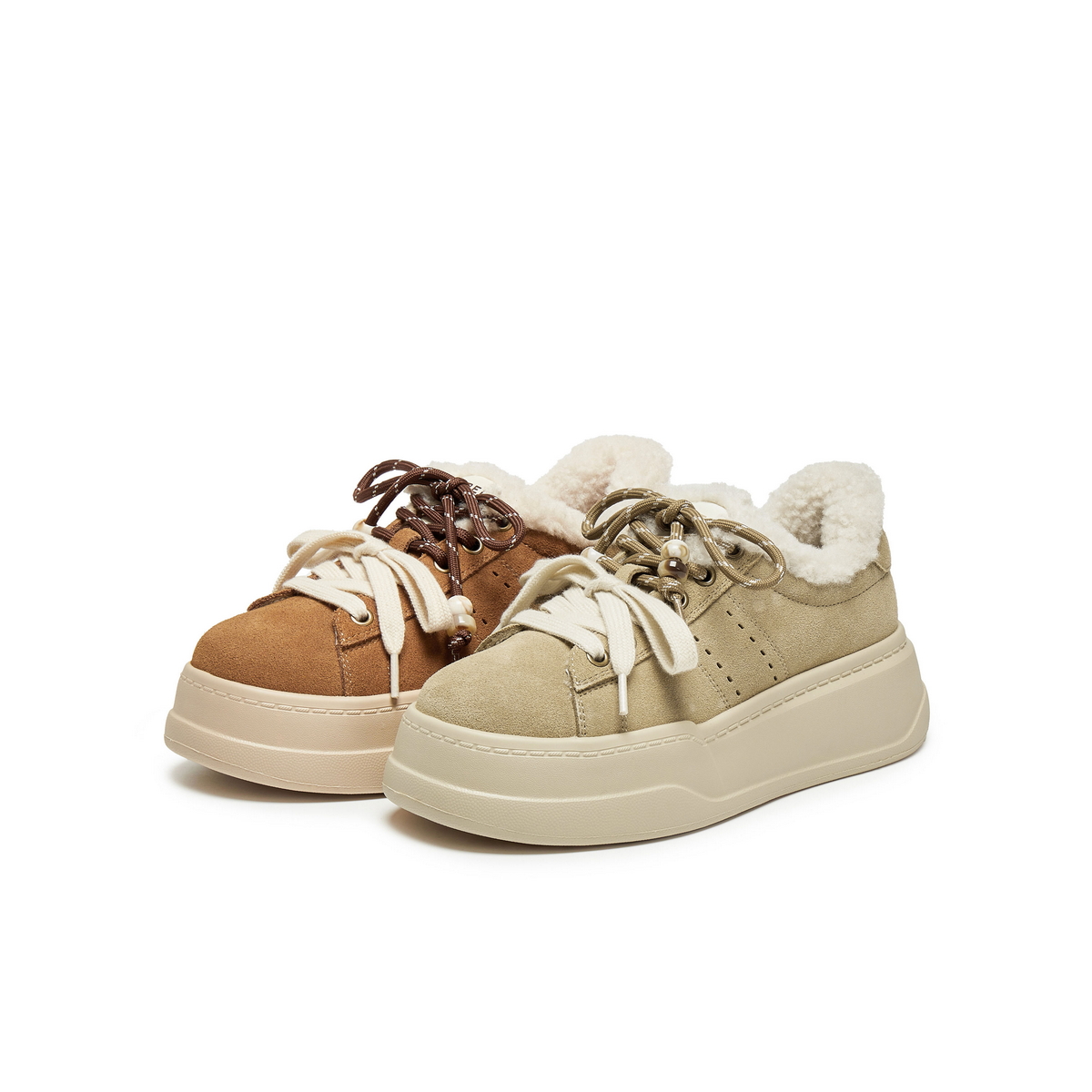 百丽复古加绒保暖毛毛鞋子女25冬新款厚底休闲板鞋B2843DM5