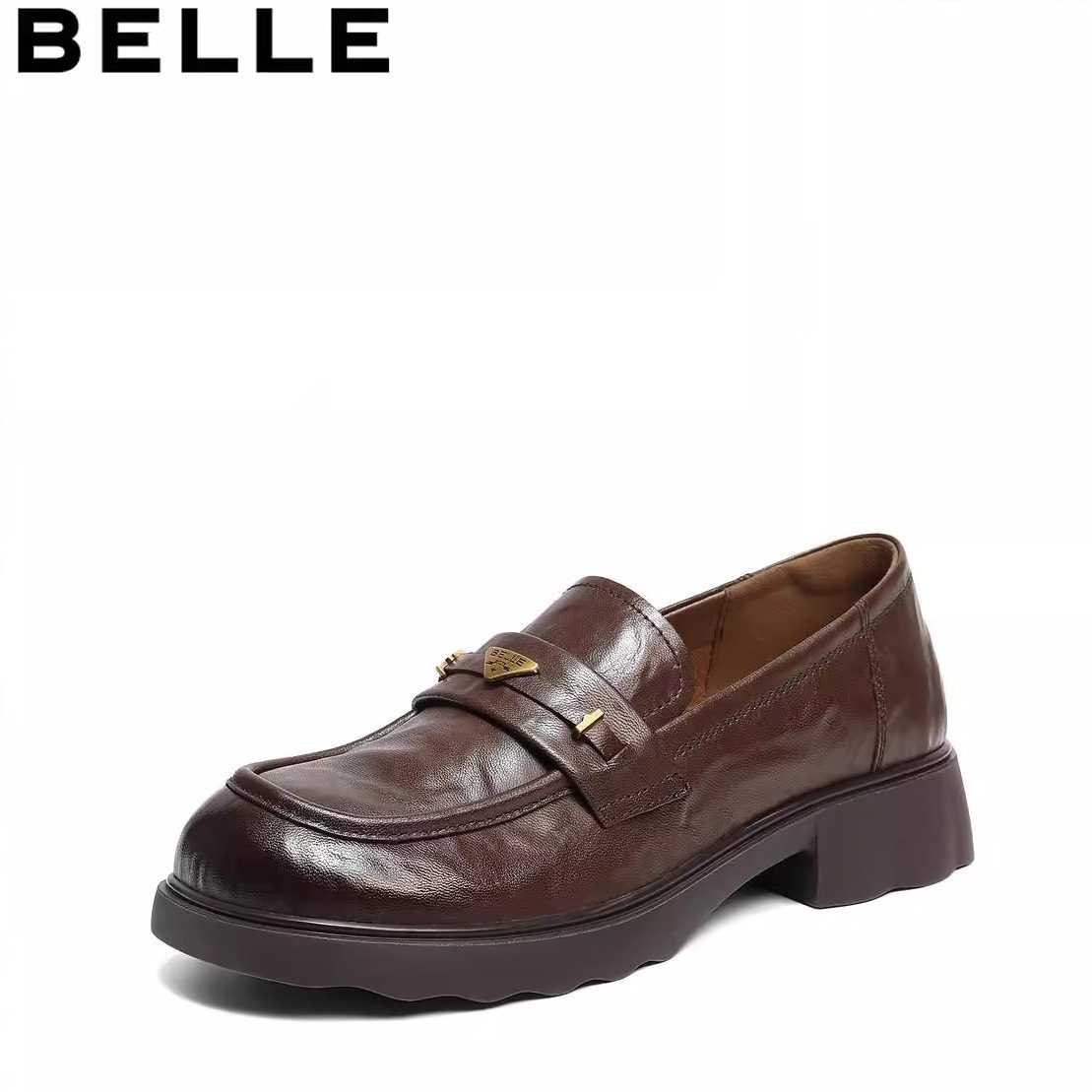 百丽复古羊皮乐福鞋黑色小皮鞋