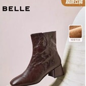 显瘦粗高跟防滑短靴子F2Q1DDZ5 新款 百丽超软羊皮加绒时装 靴冬季