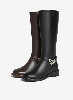 百思图2025冬季新款质感牛皮靴骑士靴通勤加绒高筒女长靴K5131DG5