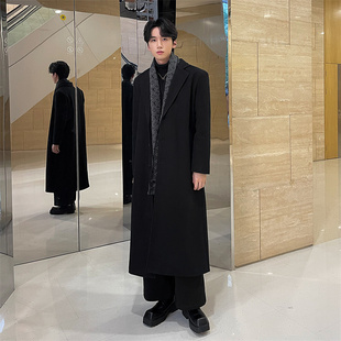黑色中长款毛呢大衣男新款秋冬超长加棉外套高级感英伦风呢子风衣