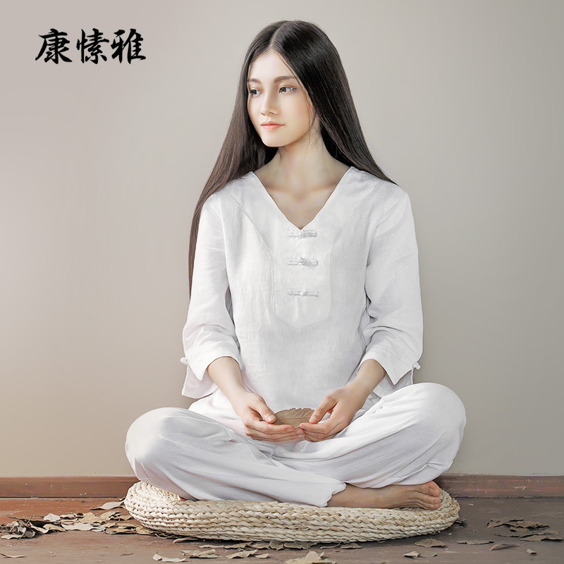 禅修服套装女夏季棉麻宽松居士服春秋禅意打坐服瑜伽服白色茶服
