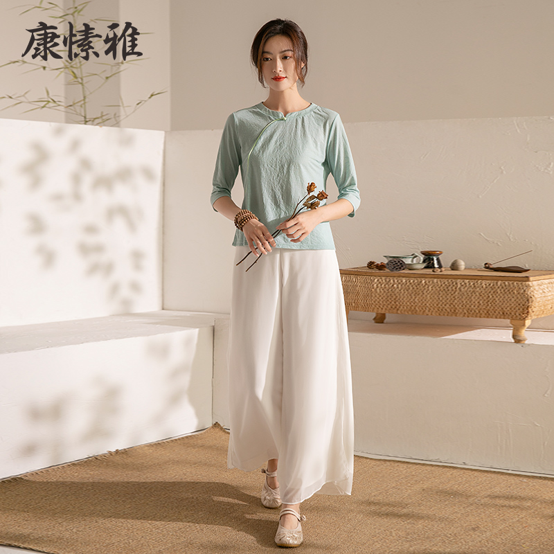 康愫雅瑜伽服套装女白色仙气禅修服秋冬宽松2021新款禅意禅服棉麻