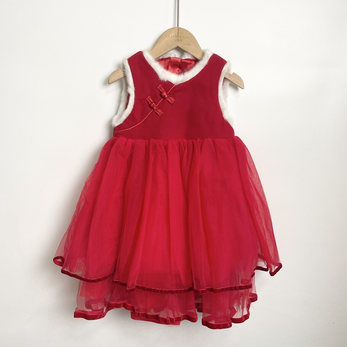 you家秋冬款中国风斜襟拼纱毛绒边呢料背心连衣裙小童品牌