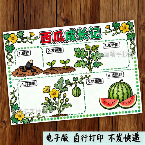 758-西瓜成长记植物生长过程观察记录卡自然笔记日记手抄报模板