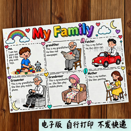 我的家庭成员英语手抄报模板小学生my family 五口之家英文介绍8K