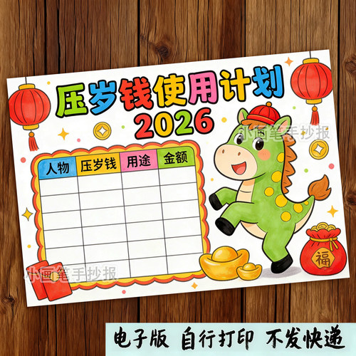 压岁钱使用计划新年红包支出统计表春节习俗文化绘画手抄报