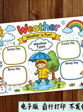 Weather天气手抄报小学生四年级下册英语主题电子小报线稿h555