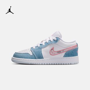 耐克乔丹大童甜酷风AJ1板鞋男女童牛仔布亮片运动鞋JORDAN HQ2001