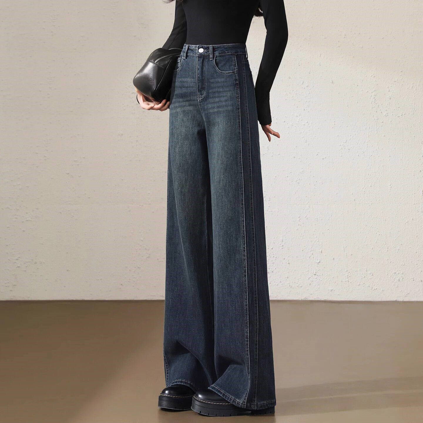 GULIBERRY复古阔腿牛仔裤女新款高腰宽松显瘦垂感休闲直筒拖地裤