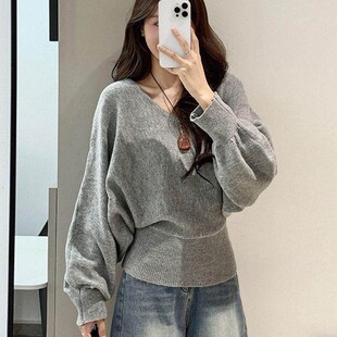 女秋冬绑带收腰显瘦毛衣胖mm上衣 针织衫 GULIBERRY大码 V领蝙蝠袖