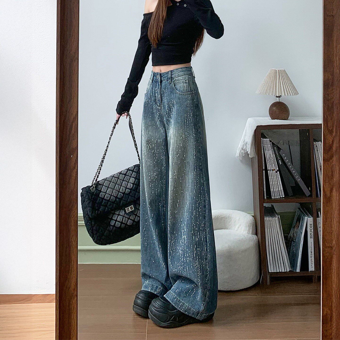 GULIBERRY蓝色细闪烫钻牛仔裤女春季大码胖mm宽松直筒阔腿裤子