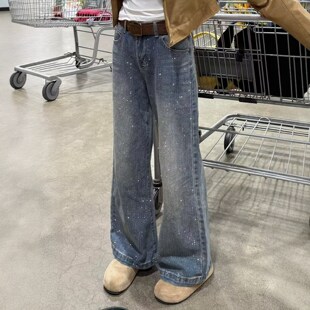 胖mm宽松显瘦细闪阔腿裤 GULIBERRY复古蓝烫钻直筒牛仔裤 女大码