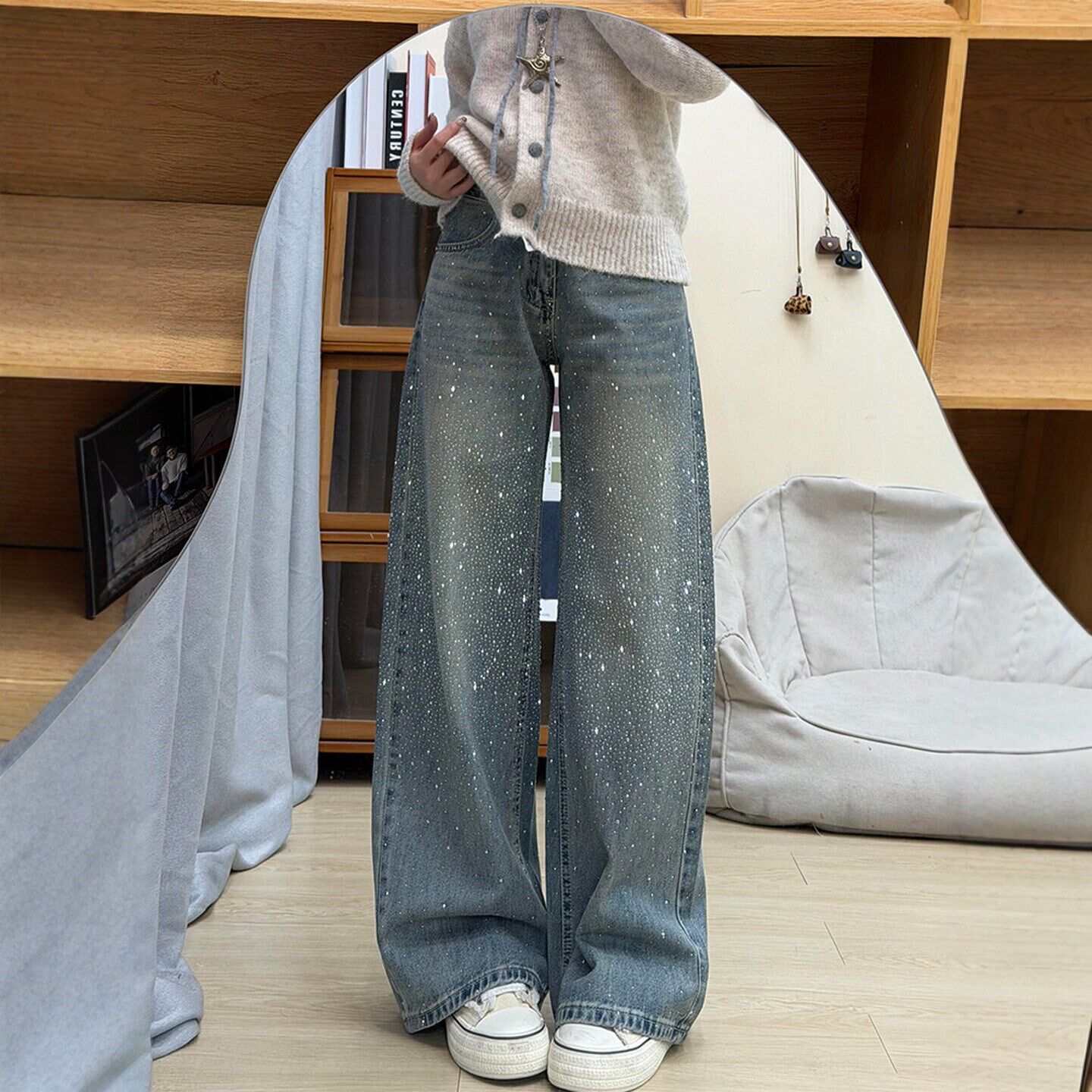 GULIBERRY美式满天星烫钻牛仔裤女早春款大码胖mm高腰宽松阔腿裤