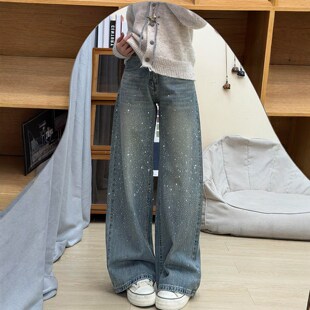 胖mm高腰宽松阔腿裤 GULIBERRY美式 大码 女早春款 满天星烫钻牛仔裤