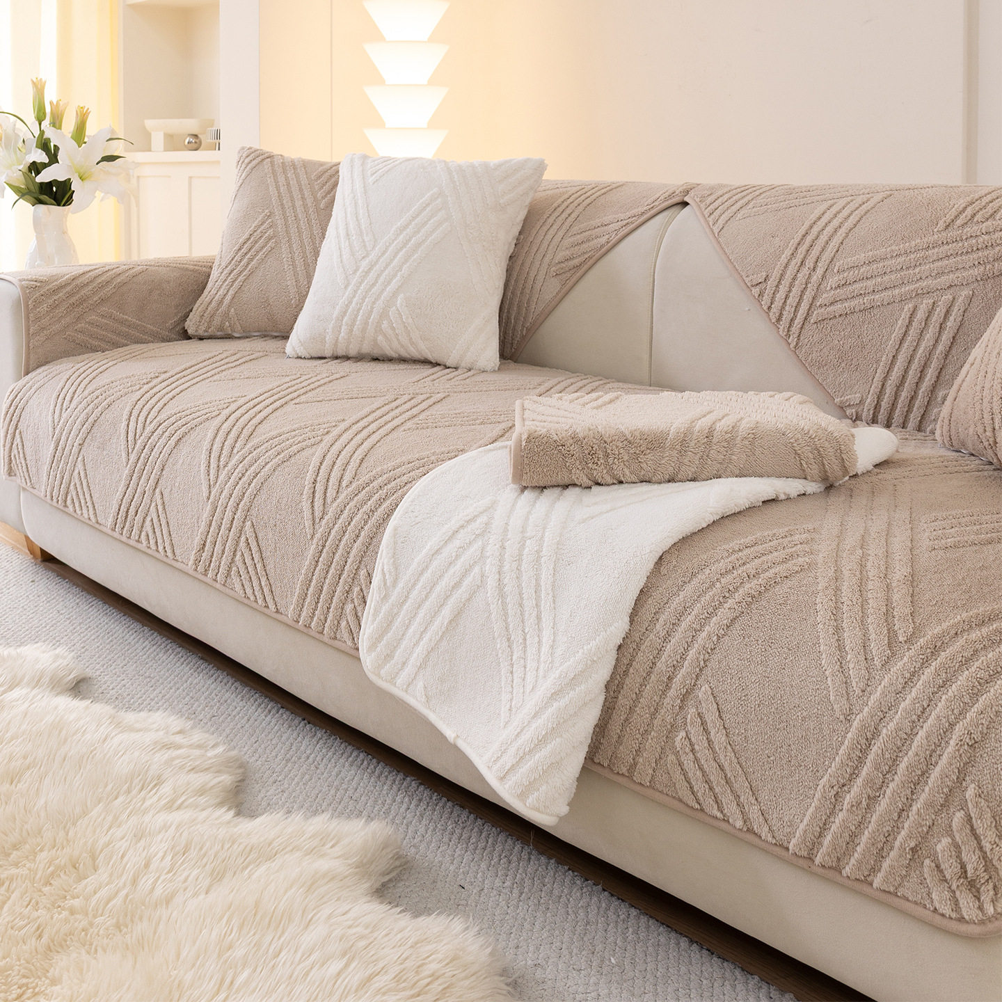 现代简约风舒棉绒沙发垫2026新款秋冬季一片式直排皮沙发套罩,居家布艺,沙发套,淘宝优惠券,粉丝福利购,淘宝优惠卷